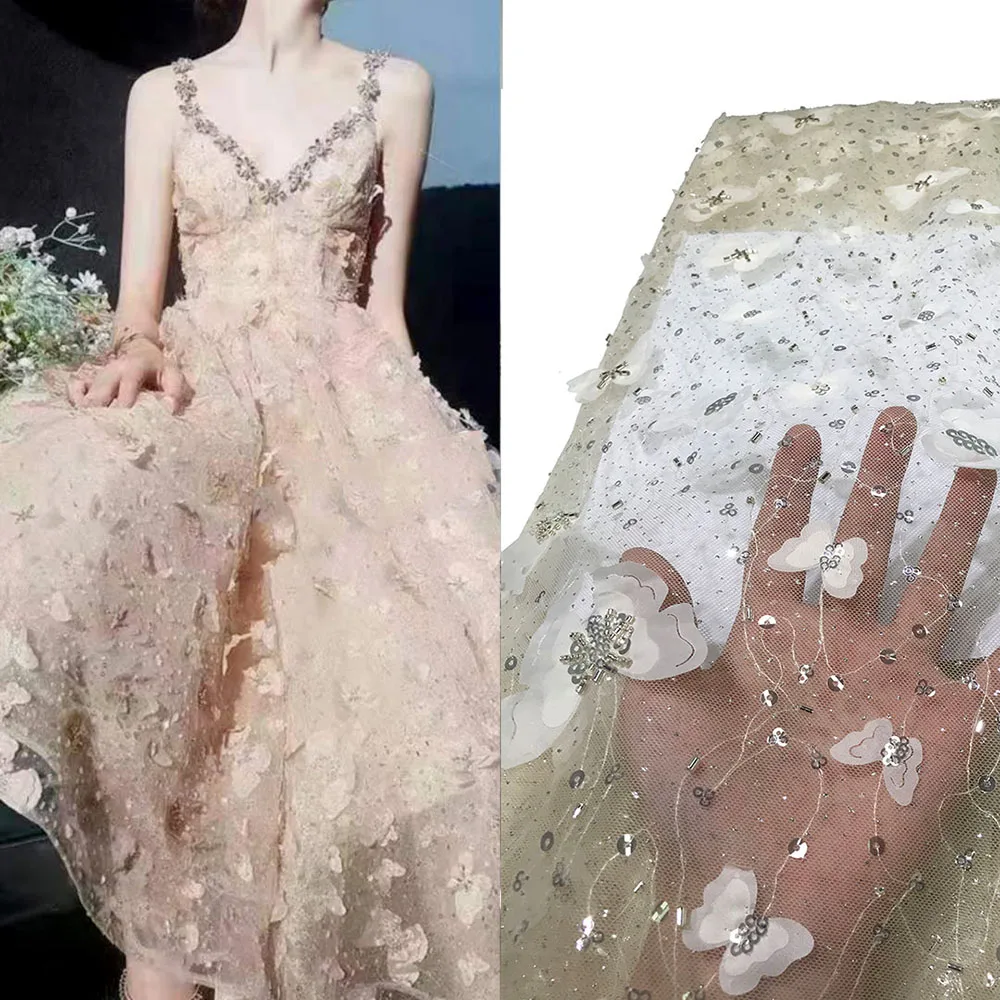 

Multicolor Popular 3D Chiffon Butterfly Applique French Beaded Silver Sequins Lace Fabric for Sewing Women Elegant Wedding Dress