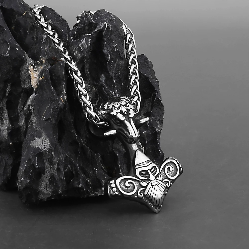 Norse Viking Odin Thor Hammer Pendant Necklace Stainless Steel Scandinavian Pagan Goat Necklace Men Amulet Jewelry Dropshipping