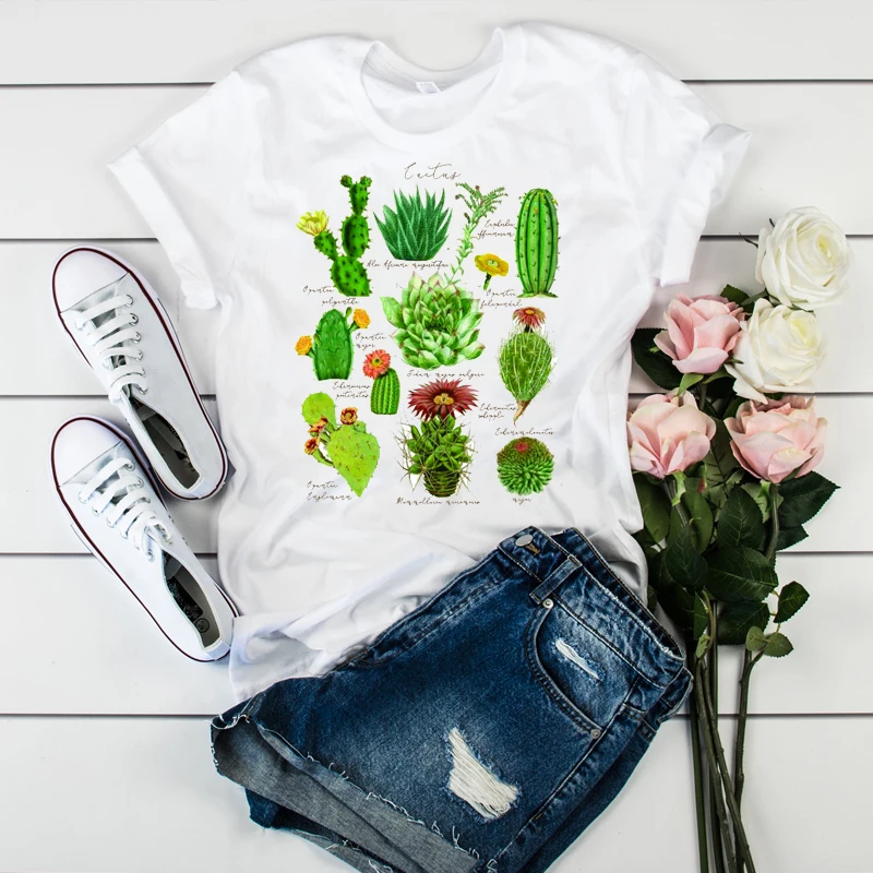 

Women Graphic T-shirt Travel Print Lots of Cactus Letters Ladies Casual Camisas Mujer Womens Tumblr Korean T Tee T-shirt
