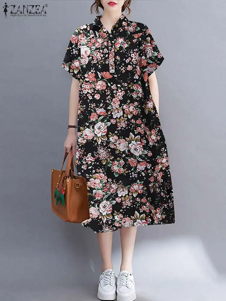 

Платье ZANZEA женское средней длины с коротким рукавом, сарафан оверсайз в богемном стиле с принтом, повседневная одежда для вечерние, лето 2022