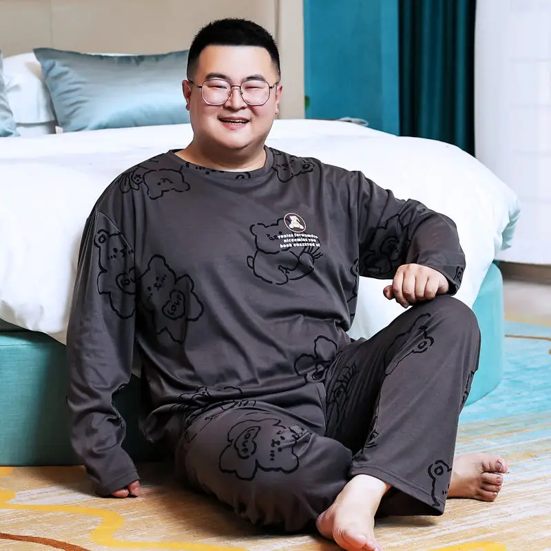 2023 Fat man age season fertilizer plus-size men printed pajamas long-sleeved pants fat loose leisurewear suit