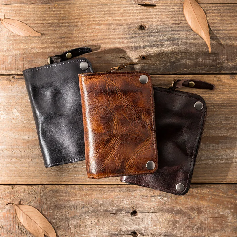 Retro fashion high quality natural genuine leather men's and women's short wallet outdoor daily real leather storage key case