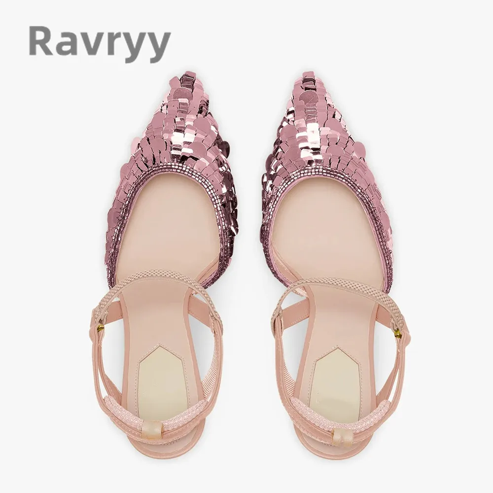 2023 Summer New Pointed Toe Slim Heel Sequins Side Open Fashion Sandals Women's Versatile Leisure Slip-On High Heels Shoes