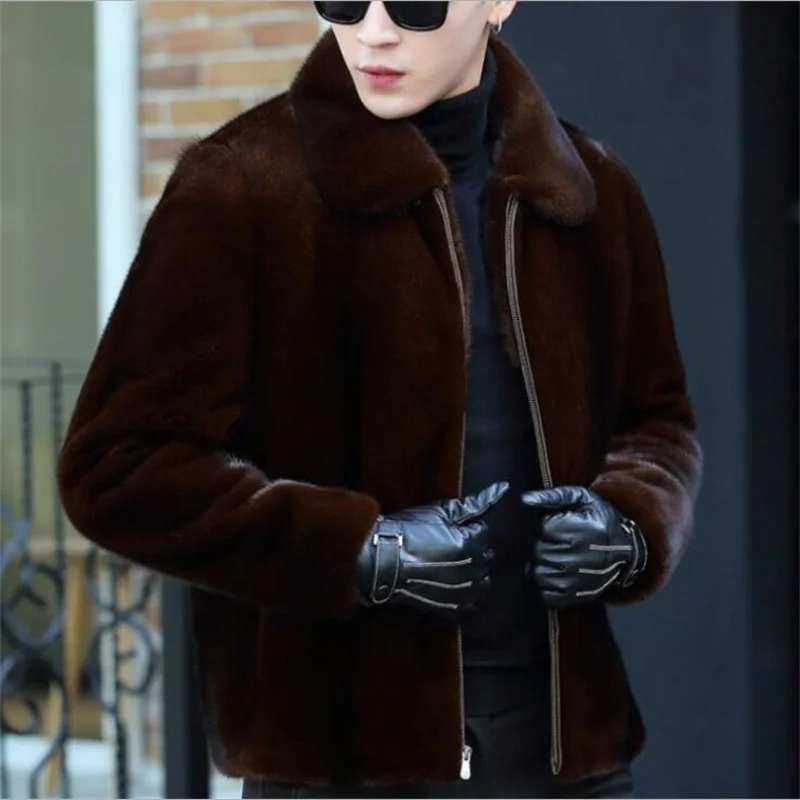 Autumn faux mink fur leather jacket mens hooded winter thicken warm leather coat men loose jackets jaqueta de couro brown B350