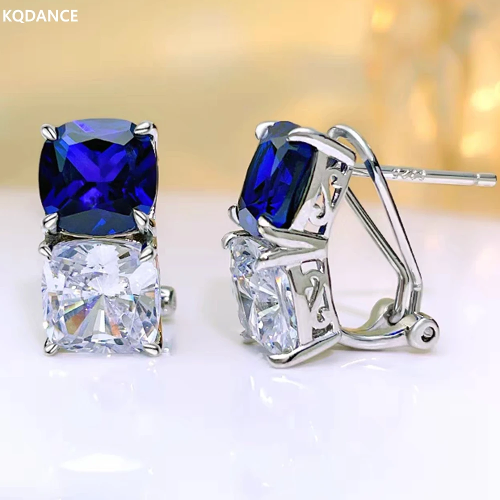 

KQDANCE New 925 Sterling Silver Cushion Cut 8mm 4 Carat Blue Lab Created Sapphire High Carbon Diamond Earrings With Hook Jewelry