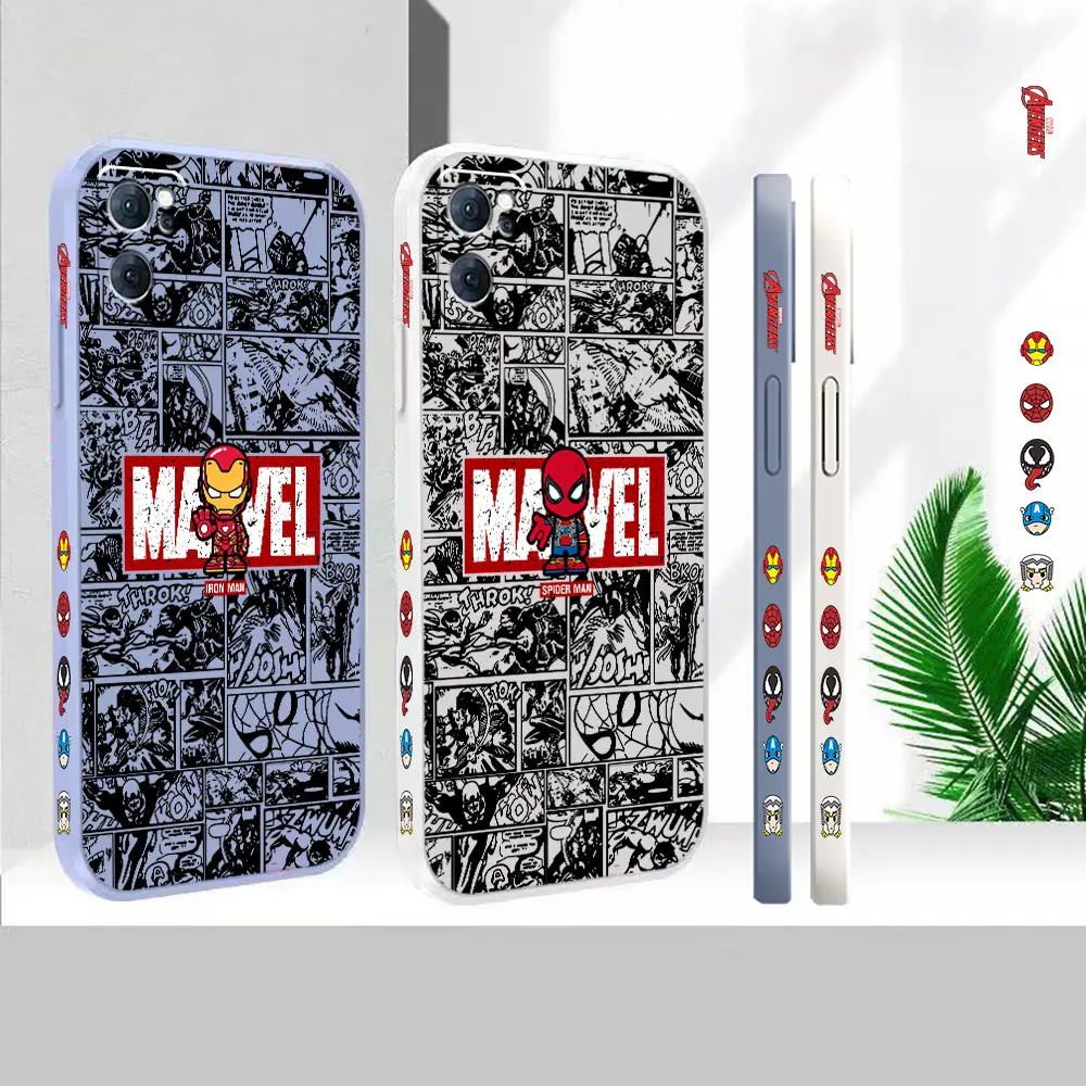 

Liquid Silicone Case For Oppo Reno 9 8 7 7SE 6 5 4 4SE 3 Pro Plus 4G 5G Cover Marvel Comics SpiderMan Iron Man Colour Fundas