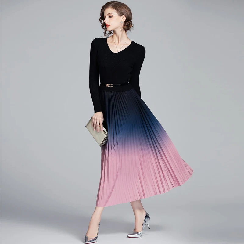 

Film - spot new elegant v-neck knitting splicing gradient pleated skirt dress