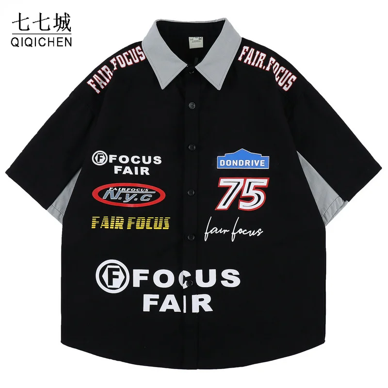 

Hip Hop Shirts Men Vintage Style Letter Print Oversized Shirt 2022 Cotton Casual Streetwear Summer Blouses Men's Loose Tops