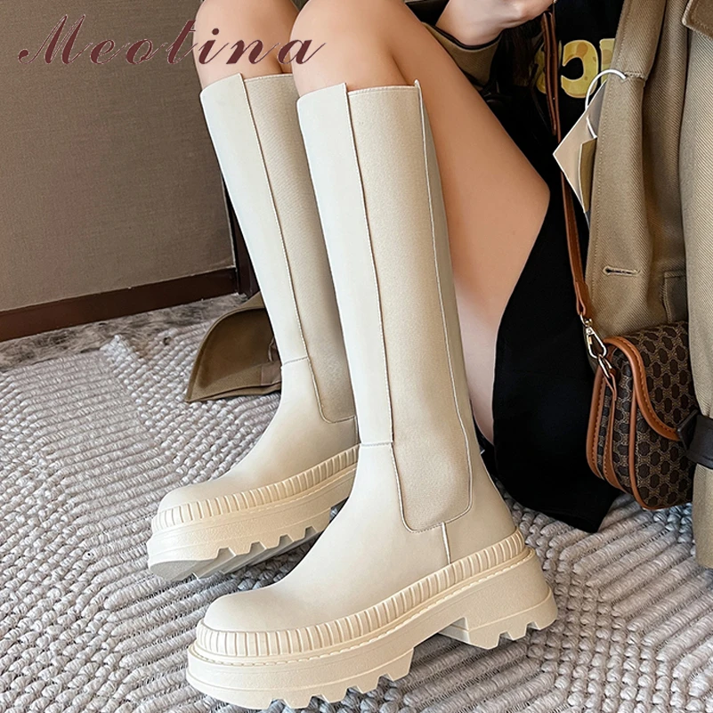 

Meotina Women Genuine Leather Knee High Chelsea Boots Round Toe Platform Thick High Heel Zipper Ladies Long Boot Autumn Shoes 40