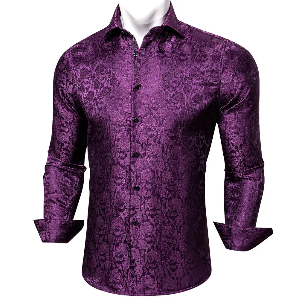 Exquisite Dark Purple Flower Long Sleeve Polyester Mens Shirt Autumn Fashion Casual Jacquard Lapel Pattern Business Barry.Wang
