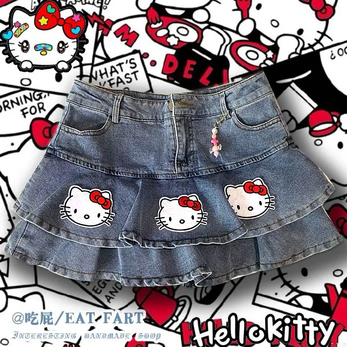 

Sanrio Hello Kitty Kawaii Original Kitty Cat Y2K Millennium Hot Girl Denim Short Skirt A Word Cake Half Skirt Birthday Present