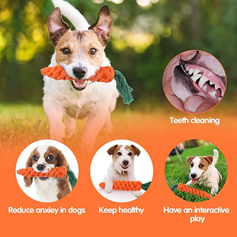 

Dog Chew Toys for Small Medium Dogs Pet Teeth Cleaning Toy Outdoor Fun Training Bite-Resistant Cotton Rope Carrot Shape Toys