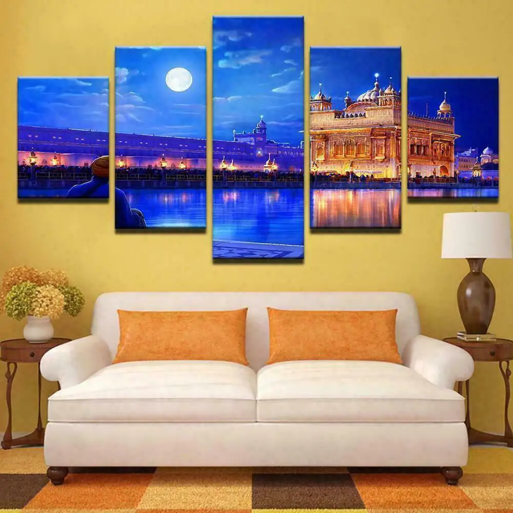 

Картина на холсте с изображением золотых храмов, полной луны, ночного пейзажа, настенное искусство, Декор, 5 панелей, печатные изображения HD, постер, домашний декор