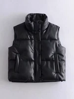 womens puffy vest down vest black pu leather vest woman jacket coat autumn winter outwear puffer vest female sleeveless jacket