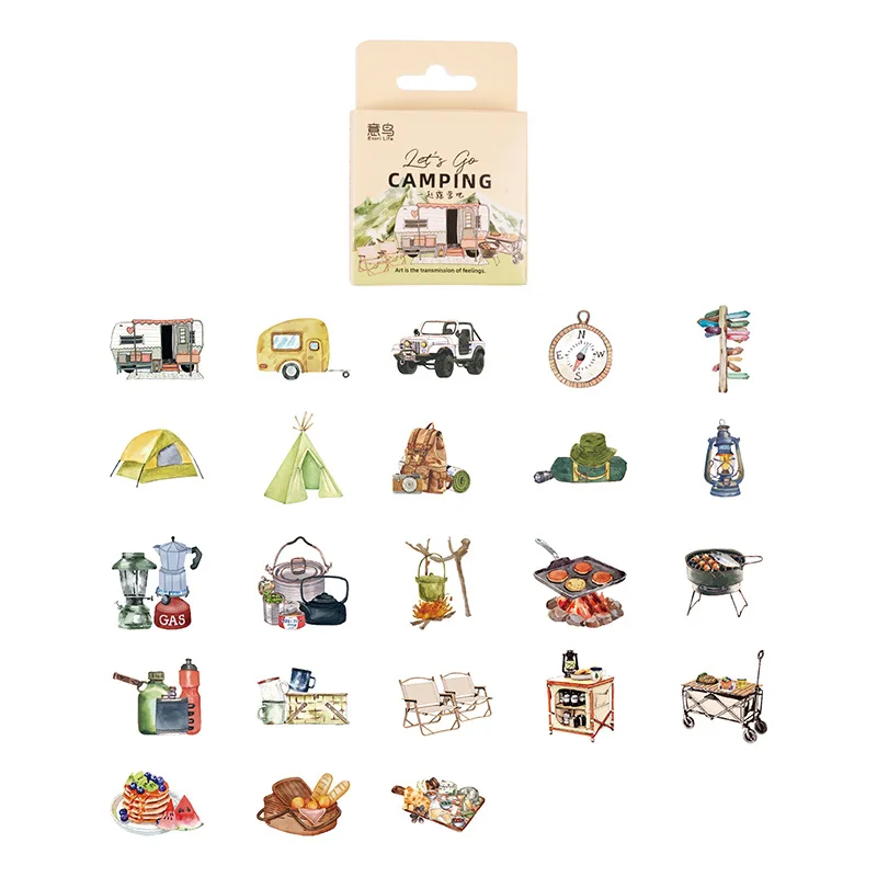 

46Pcs Box Mini Stickers Camping Together Decorative Square Material Album Supplies Scrapbooking Seal handbook Stationery 4CM