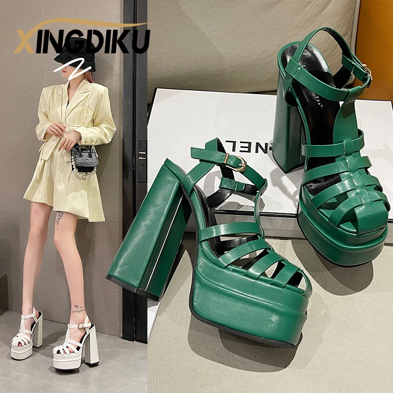 

Summer Sandals Women's 2022 Designer New Square Root Super High Heel Platform Sandals Women's Fashion Party Green High Heels