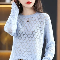 spring and autumn new knitted womens round neck hollow 100 wool long sleeved hollow simple loose all match womens top