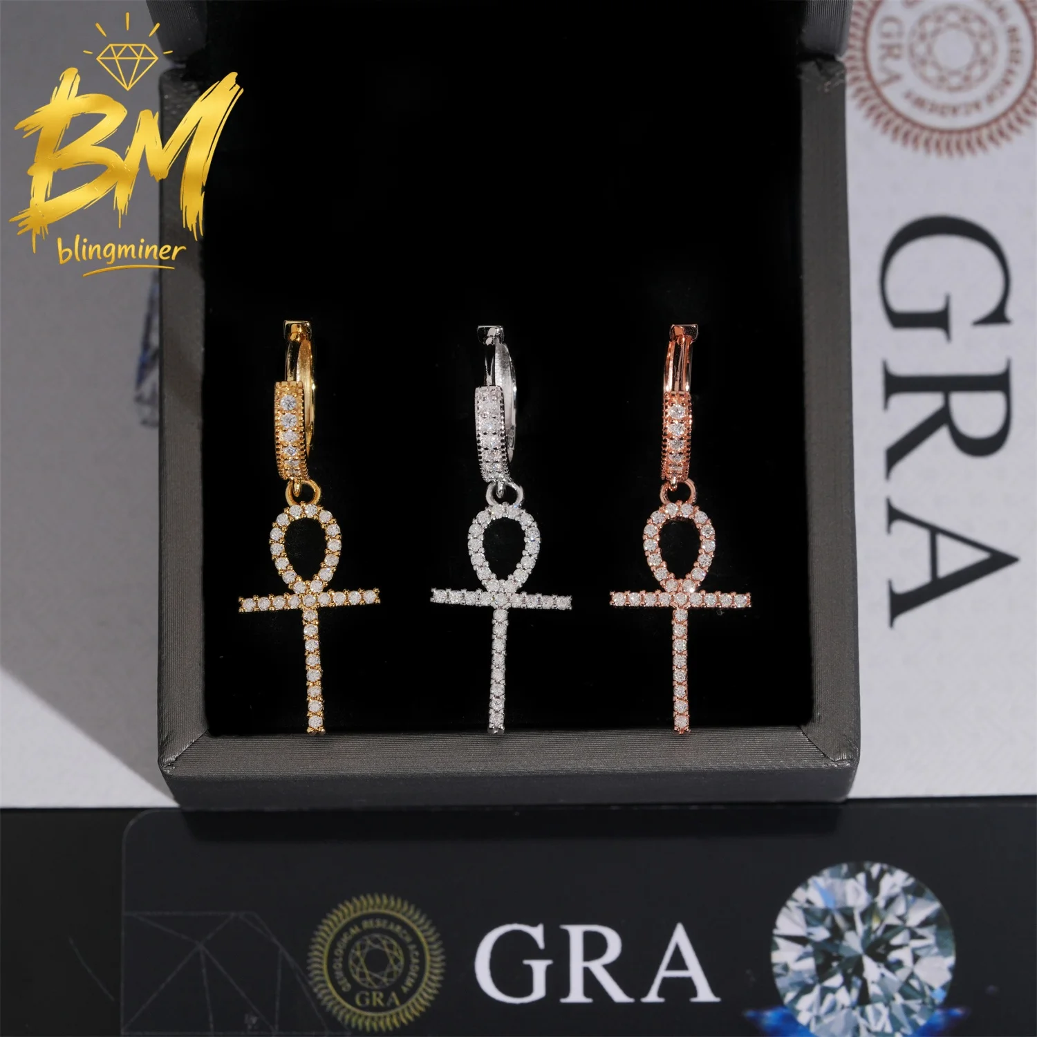 Фото Серьги Blingminer Hip Hop Cross VVS Moissanite из серебра S925 пробы для мужчин и женщин, ювелирные изделия, прошедшие проверку на алмазном тестере GRA №2