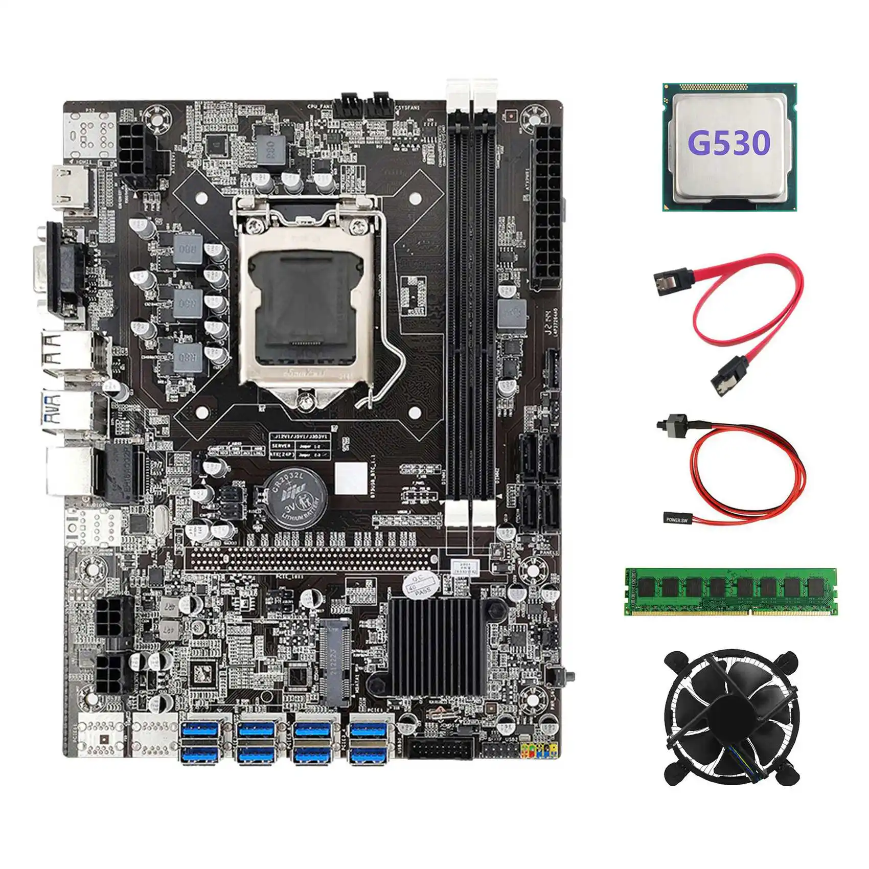 

Материнская плата B75 для майнинга, 8xpcie на USB3.0 + G530 CPU + Fan + DDR3 4 Гб 1600 МГц RAM + 128G SSD + SATA кабель + кабель переключателя