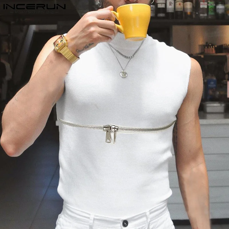 

2023 Fashion Men Tank Tops Solid Color Zipper Turtleneck Sleeveless Vests Streetwear Summer Casual Men Clothing S-5XL INCERUN