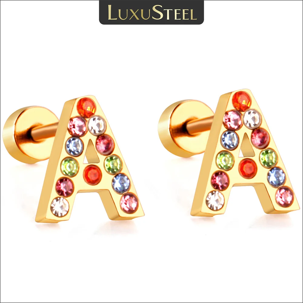 

LUXUSTEEL Stainless Steel Initials Letters A-Z Stud Earrings For Women Girls Gold Color Cubic Zirconia Small Mini Earrings Gifts