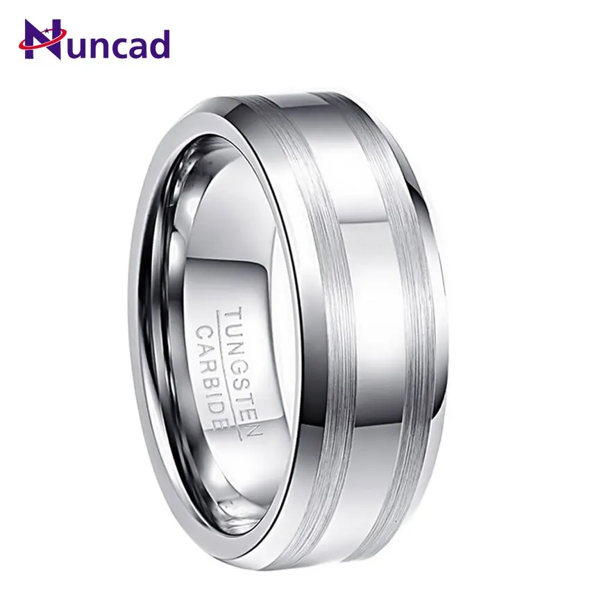

NUNCAD Men's 8mm Polished Tungsten Carbide Ring Wedding Band Jewely Beveled Edge Satin Brushed Stripes Size 6 To 13