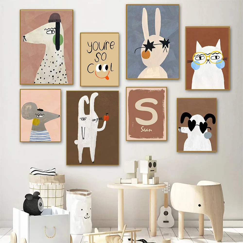 

Настенная живопись с именем на заказ, Постер в стиле ретро для детской комнаты, милый кролик, собака, кошка, холст для украшения детской комнаты