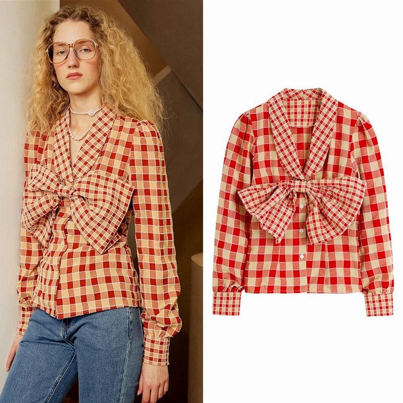 

Vintage Blouse Chic Big Bow Plaid Pattern Fashion Blouse Elegant and Fashionable Ladies Blouses for Spring 2022 New Egirl Tops