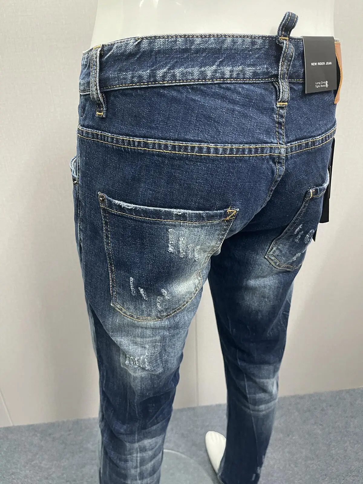 2023 New  Jeans Fashionable Slim Fit with Hole Patches, Painted Ink Breaking Small Feet Spliced Denim Pants for Men