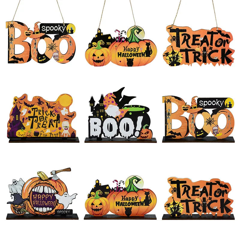 

Halloween Wooden Ornaments Home Door Hanging Signs Table Decor Pumpkin Ghost TRICK OR TREAT Wooden Pendants For Halloween Party