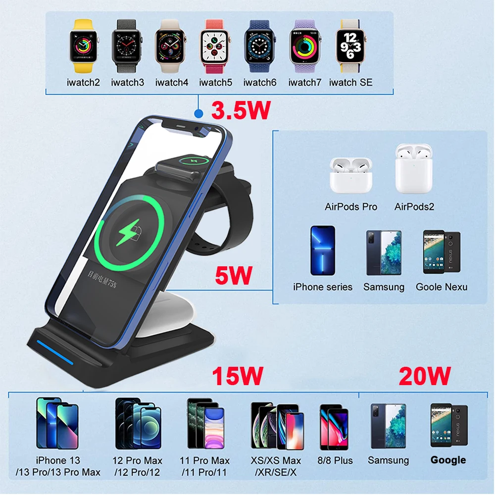 Фото Беспроводное зарядное устройство 3 в 1 магнитное для iPhone 13 12 11 X Airpods iWatch 30 Вт Qi Беспроводное зарядное устройство 3 в 1 магнитное для iPhone 13 12 11 X Airpods iWatch 30 Вт Qi