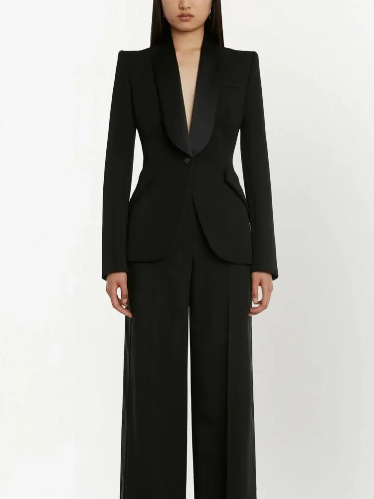 Модный жакет с отложным воротником и длинным рукавом Новый женский черный