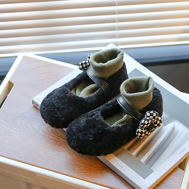 

Free Shipping Girls Fur Ankle Boots Plush Winter Warm Kids 2022 New Children Fashion Flowers Solid Party Casual Loafers Shoes