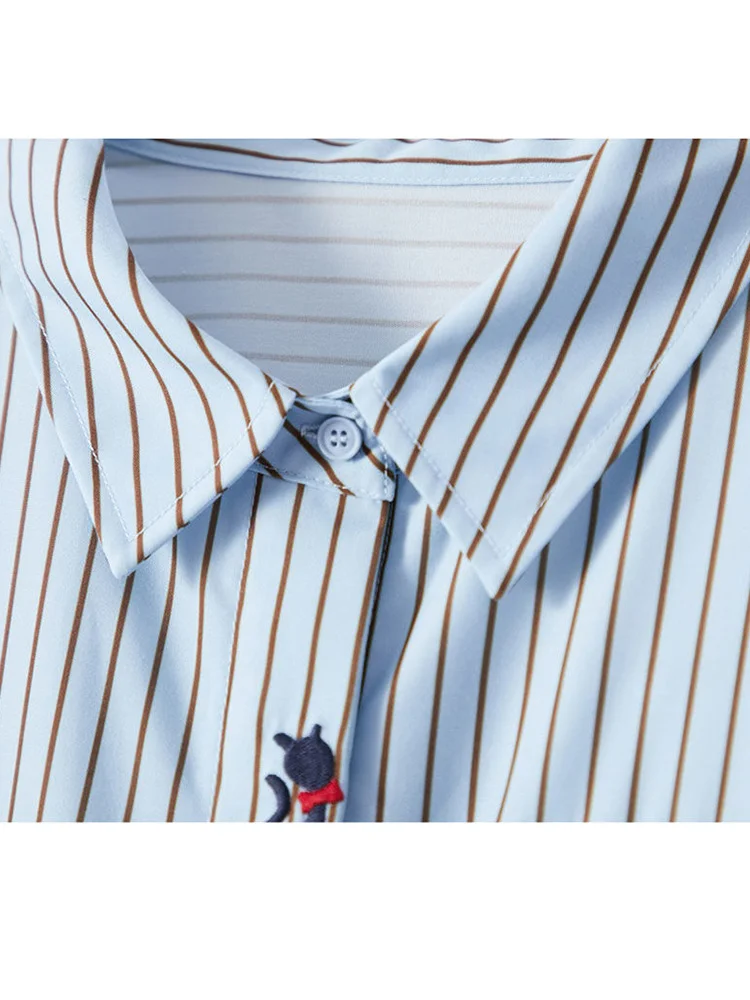 Повседневные свободные полосатые модные женские блузки на пуговицах с вышивкой