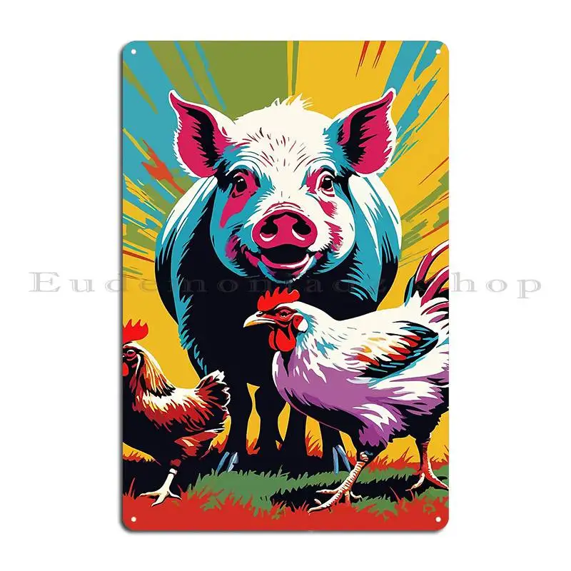 Металлическая табличка The Mischievous Pig And Chicken S Commotion