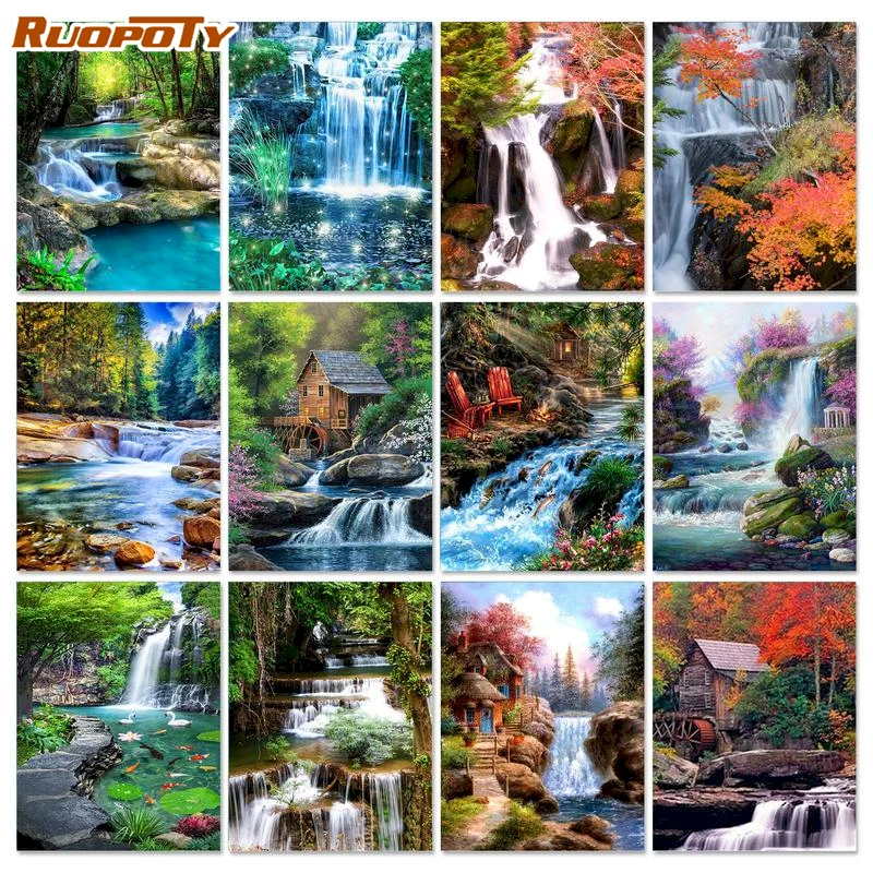 

RUOPOTY Frame Painting By Number For Adults Handpainted Waterfall Picture By Numbers Acrylic Paint On Canvas For Home
