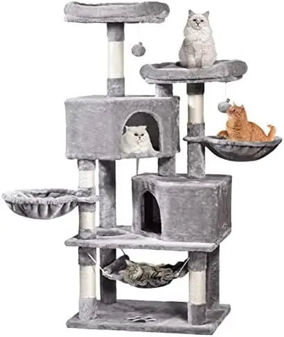 

Cat Tree Cat Tower 57in Multi-Level Cat Scratching Post with Condos, Basket, Hammock & Plush Perches for Kittens, Large Cats Jug