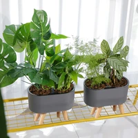 durable automatic self watering plastic plant pot with water level indicator floor table flowerpot planter with wooden bracket