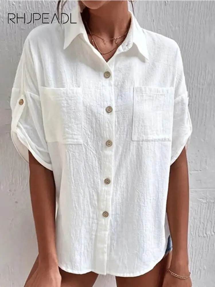 

Women Casual White Cotton Shirt Fashion Half Sleeve Botton Pockets Loose Blouses And Tops 2022 Summer Elegant Office Lady Shirts