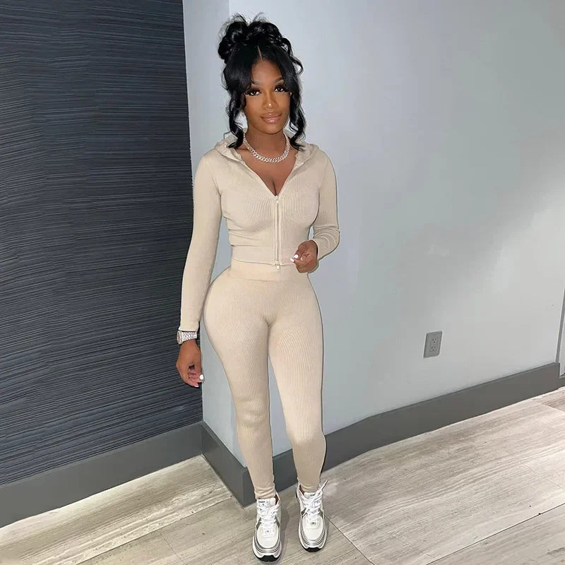 

Женский облегающий спортивный костюм, комплект из 2 предметов, короткий топ на молнии с капюшоном и леггинсы, однотонный эластичный спортивный костюм в уличном стиле