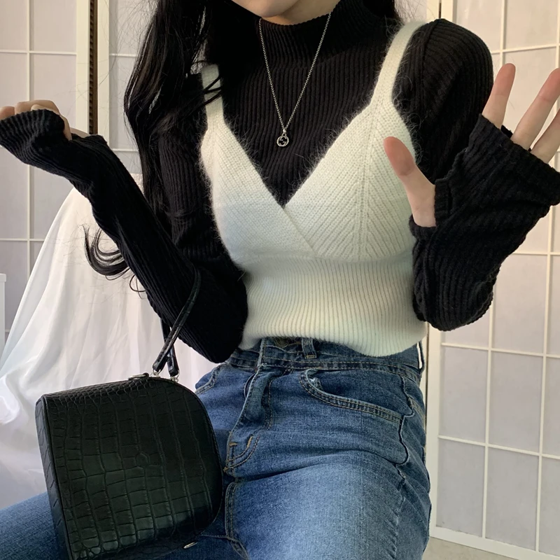 

Свитер женский пуловер с V-образным вырезом без рукавов трикотажный короткий топ на бретелях с завязкой сзади корейский пуловер с длинным рукавом для осени и зимы