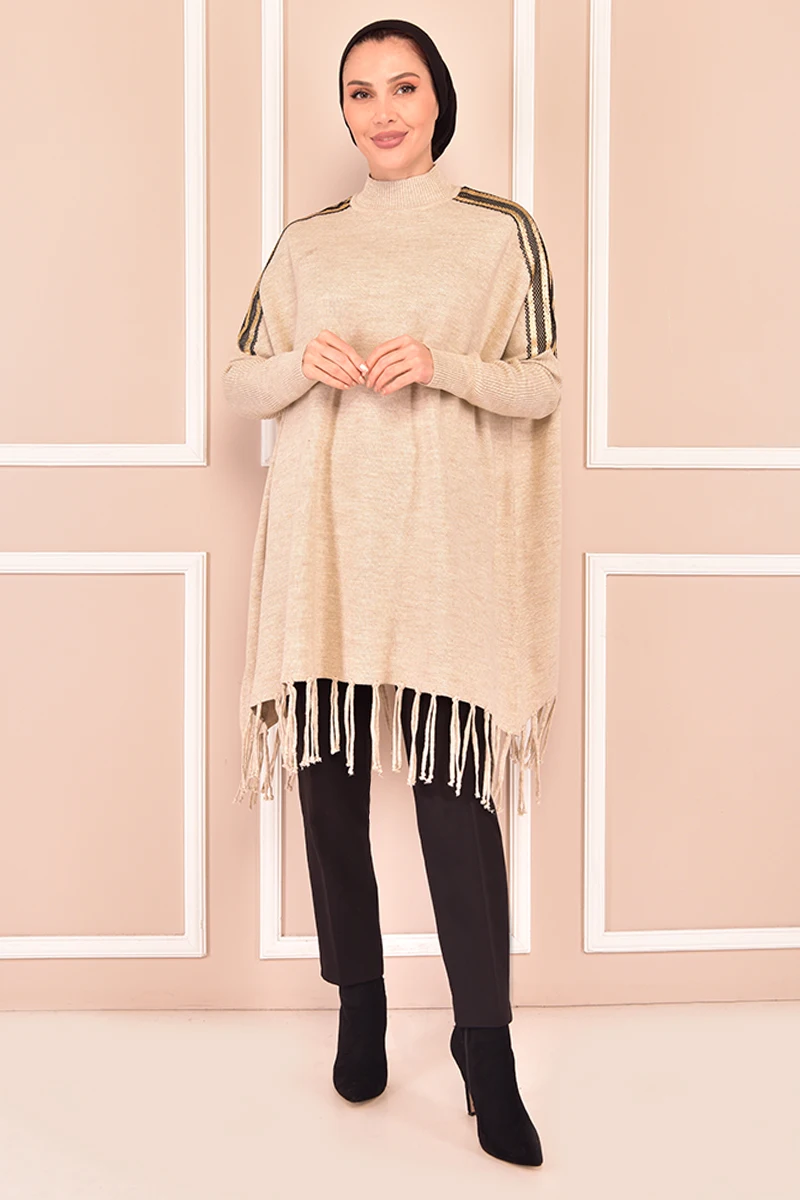 

Shoulder Stripped Poncho Cream Muslim Woman Outfit İslamic Woman Abaya Dress Muslim Tops Turkey Store Muslim Hijab Dress KLC9304