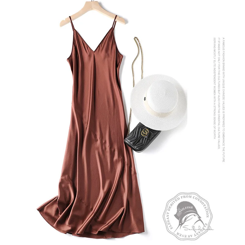 

French Exquisite 45 Degeree Diagonal Cut Heavy Silk V-neck Waist Strap Long Skirt Women's Stitched Double Qiao Satin slip Dress
