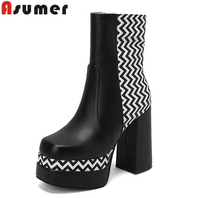 Женские ботильоны без застежки ASUMER, из искусственной кожи, с круглым носком, Короткие Плюшевые ботинки на Высоком толстом каблуке, размеры 34-50, для зимы, 2023