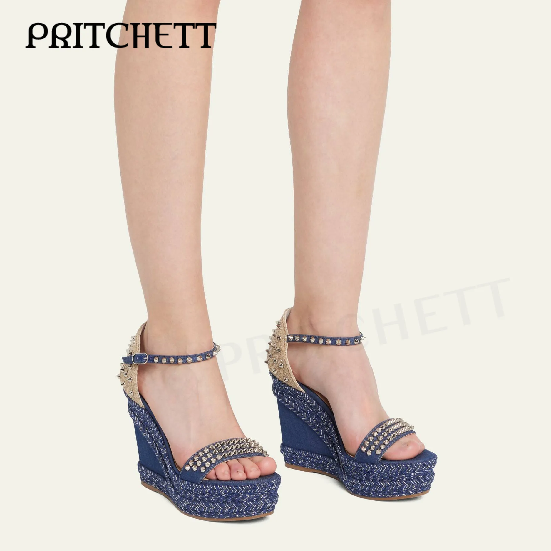Blue Denim Woven Wedge Sandals Fashion Rivet Strap Open Toe High Heel Sandals Ankle Buckle Fashion Party Shoes for Women