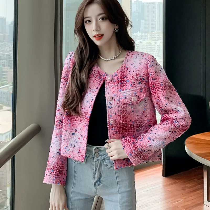 

Осенне-зимняя Изысканная Женская твидовая куртка, высококачественный кардиган, розовый маленький аромат, клетчатая короткая куртка