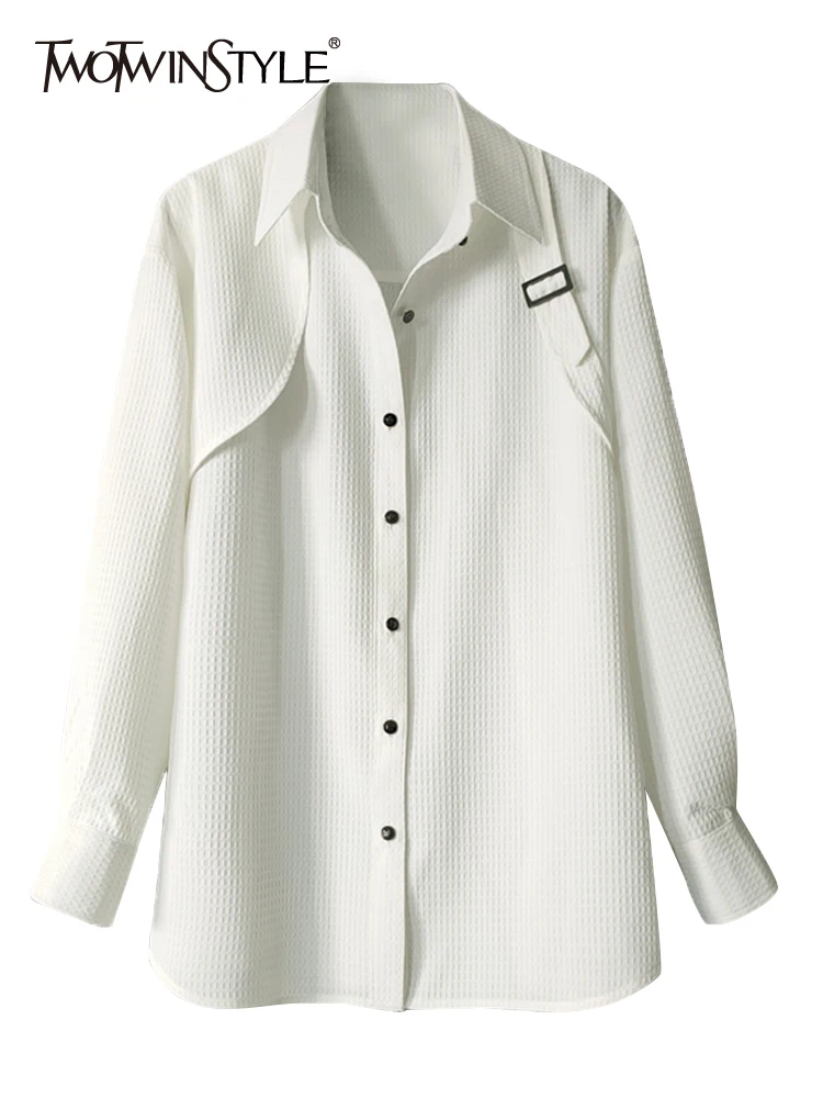 

TWOTWINSTYLE Solid Casual Patchwork Single Breasted Minimalist Blouses For Women Lapel Long Sleeve Loose Blouse Female Fashion