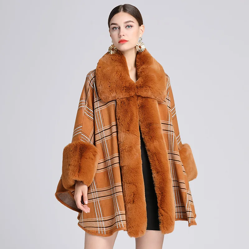 M GIRLS Plaid Knit Acrylic Cashmere Faux Rex Rabbit Fur Coat Cloak Big Turn-Down Collar Cardigan Cape Women Winter Fashion Warm