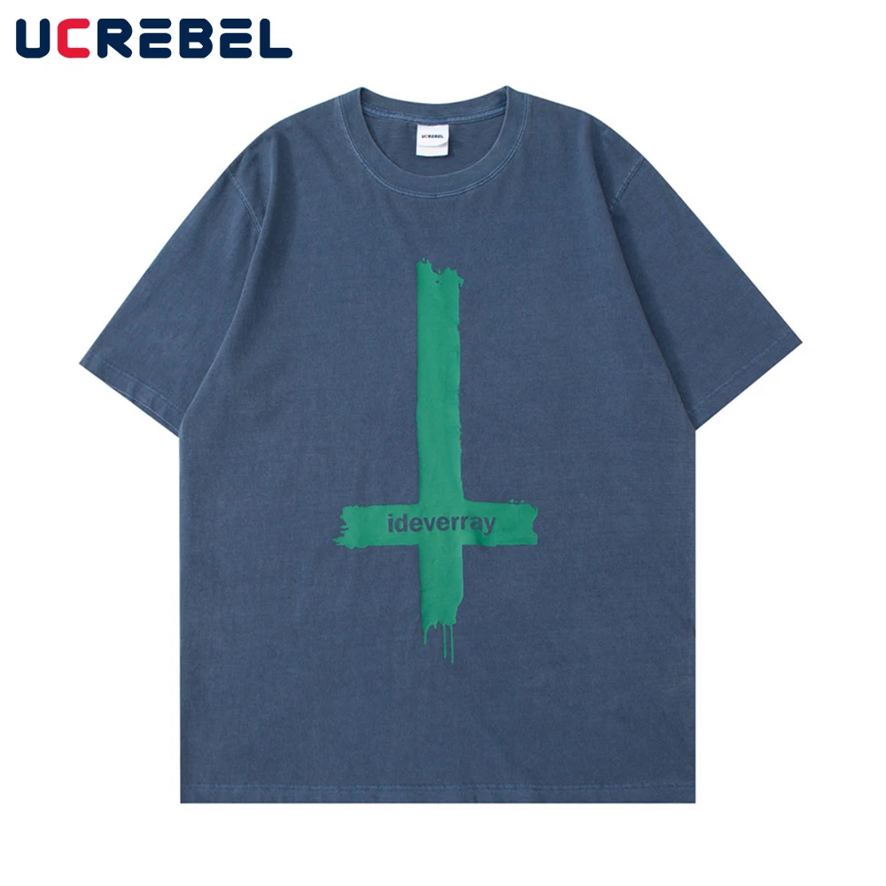 

Cross Print Short Sleeve T-shirt Mens High Street Summer Casual Half-Sleeve Streetwear Loose Crew Neck Cotton Tee Men
