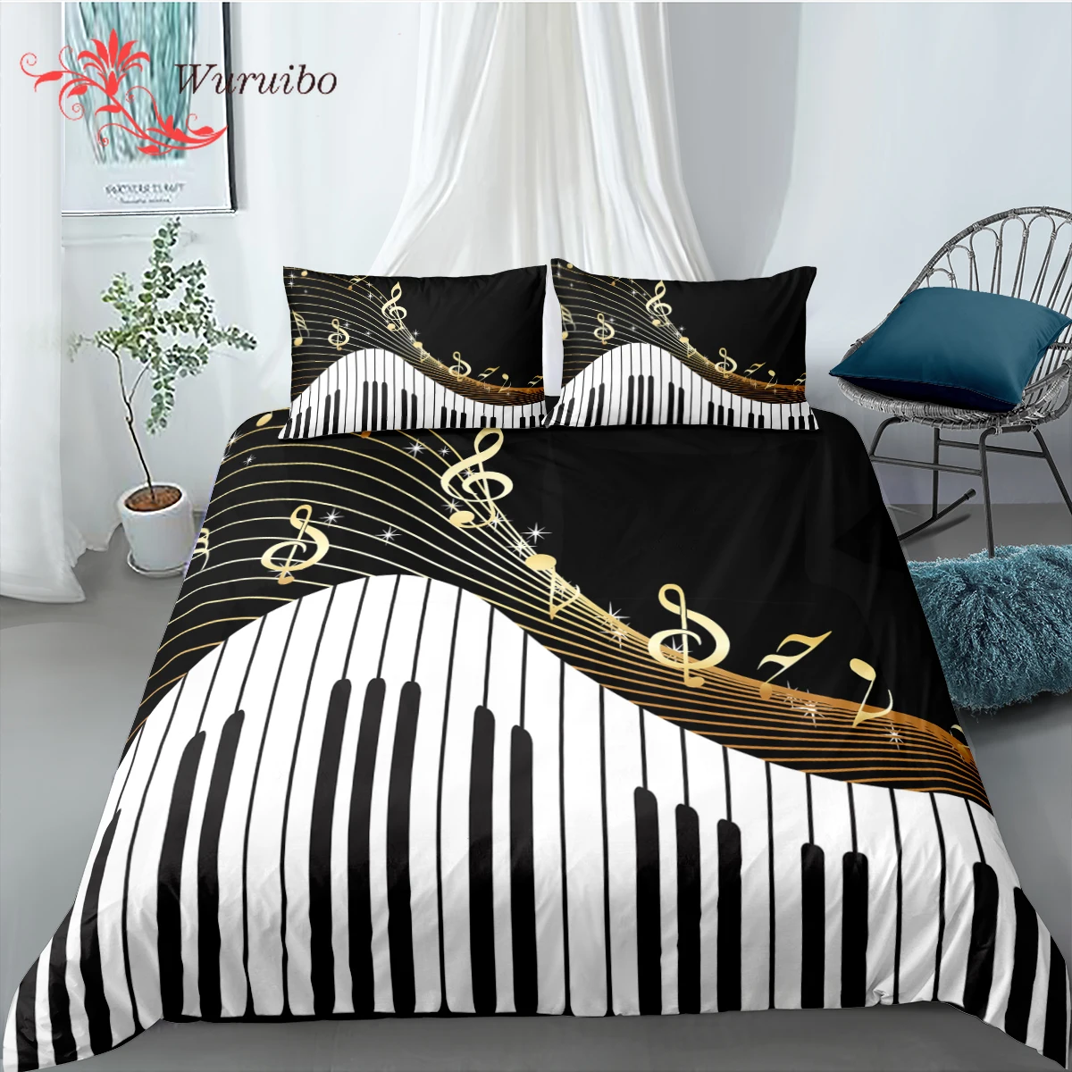 Piano Keys 3D Printing Bedding Set Music Note Black & White 2/3 Pcs Twin Full Queen King Polyester Duvet Cover Sets Bed Clothes